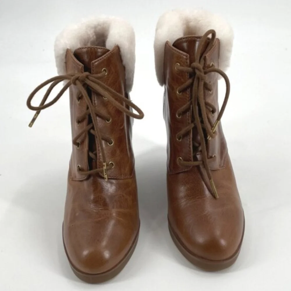 Michael Kors Fur Cuff Wedge Booties Women’s 9.5 Brown Leather Lace Up MK